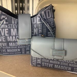 Steve Madden Gray and Blue Shoulder Bag with Urban Typographic Design